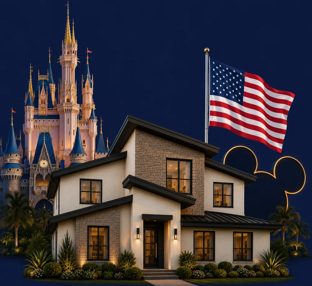 Casa em Orlando com o castelo e a bandeira americana